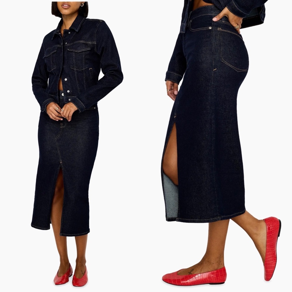 NWT Good American Front Slit Denim Midi Skirt  Sz 2/26